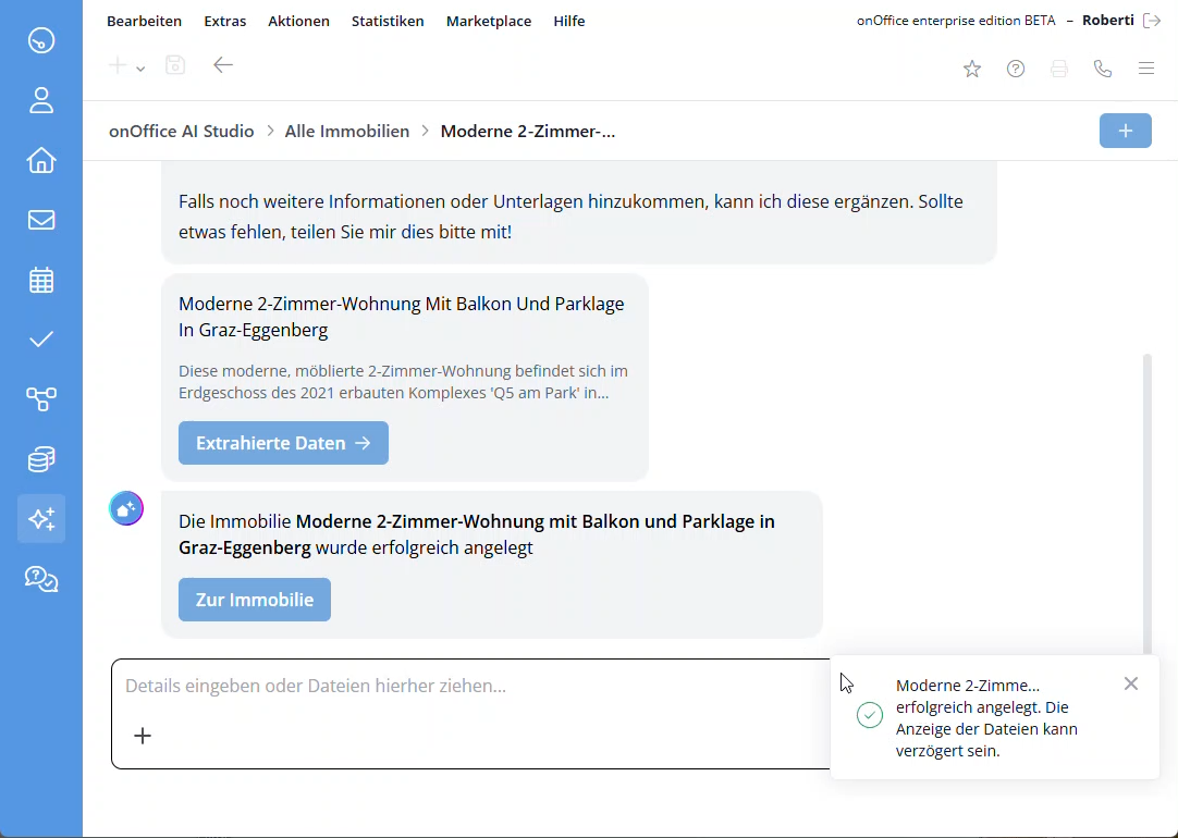 Marketplace - AI Studio - Immobilien angelegt