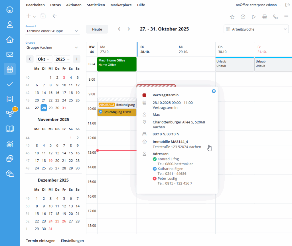 Kalender - Detailansicht zum Termin (Popover Terminkachel)