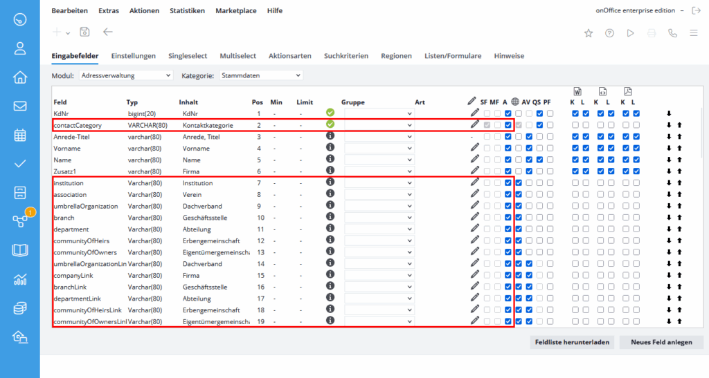 Eingabe- und Linkfelder der Kontaktkategorie