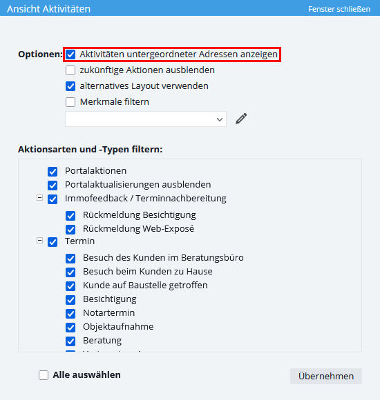 Einstellungen der Aktivitäten mit hervorgehobener Option „Aktivitäten untergeordneter Adressen anzeigen”