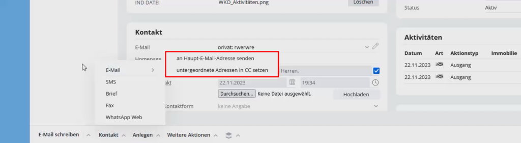E-Mail an Unterkontakte senden