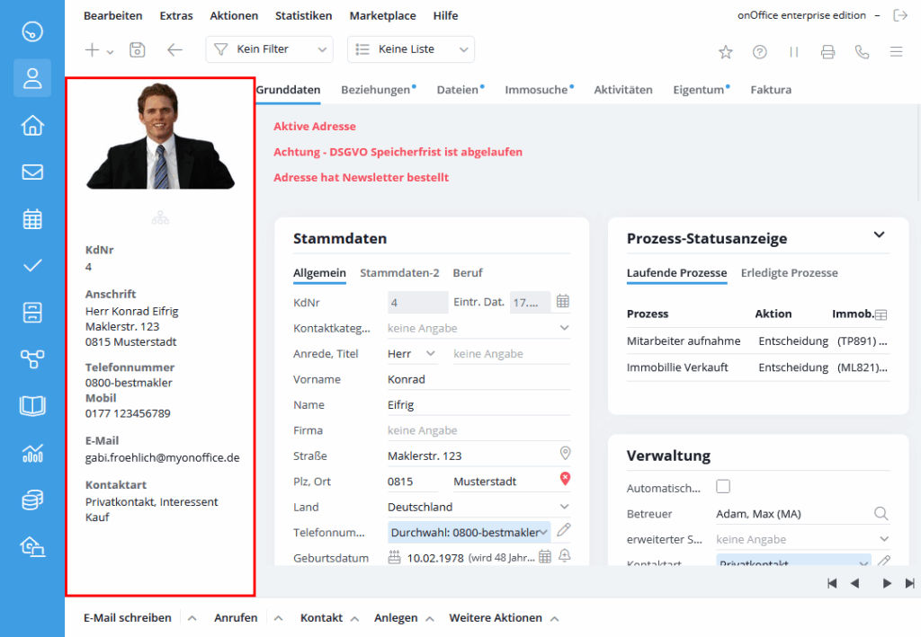 Adressdetailansicht mit Markierung der Adress-Info-Leiste