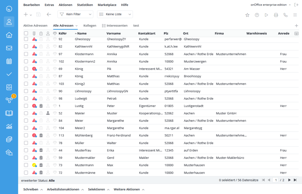 Übersicht über die Adressen.