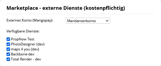 Einstellung des Abrechnungskontos für den Marketplace, sowie Freischalten verschiedener Anbieter.