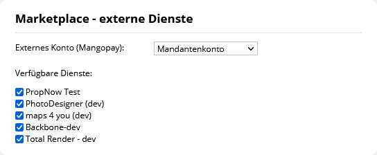 Einstellung des Abrechnungskontos für den Marketplace, sowie Freischalten verschiedener Anbieter.