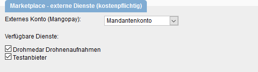 Einstellung des Abrechnungskontos für den Marketplace, sowie Freischalten verschiedener Anbieter.