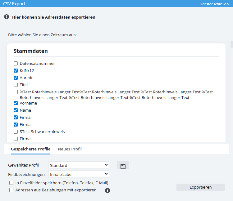 Popup für den Export von CSV-Dateien - Datenauswahl