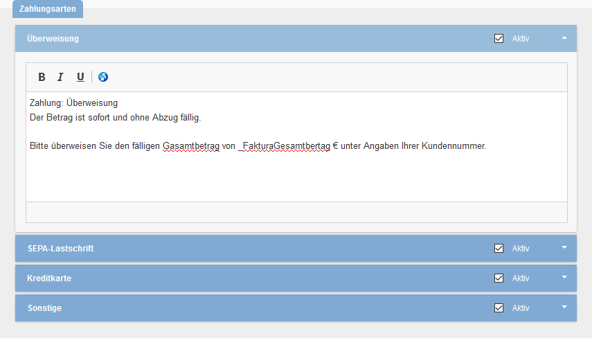 Zahlungsarten in den Faktura Einstellungen.