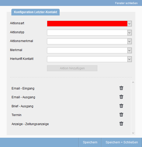 Basic settings last contact Popup for setting the criteria