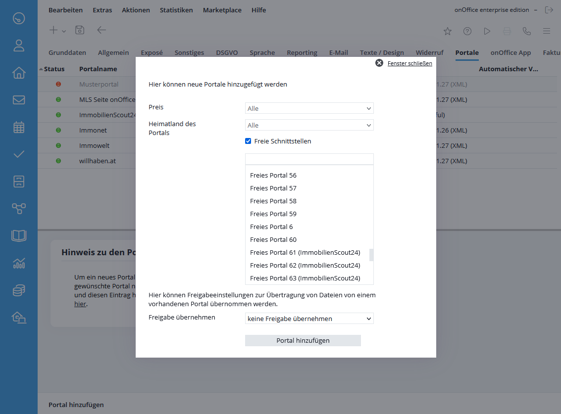Freie Portale hinzufügen