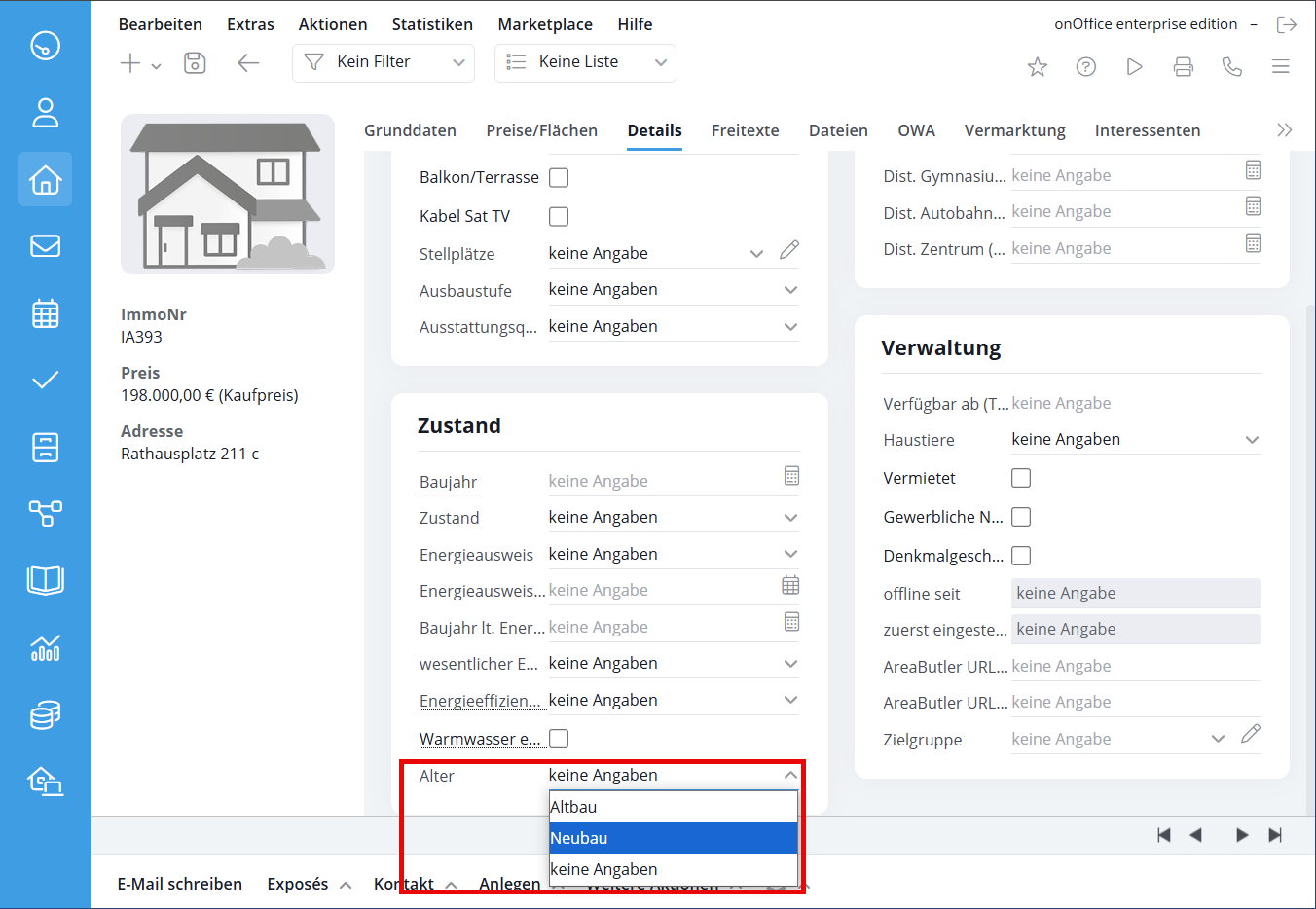 Auswahl eines Neubaus im Dropdown "Alter"