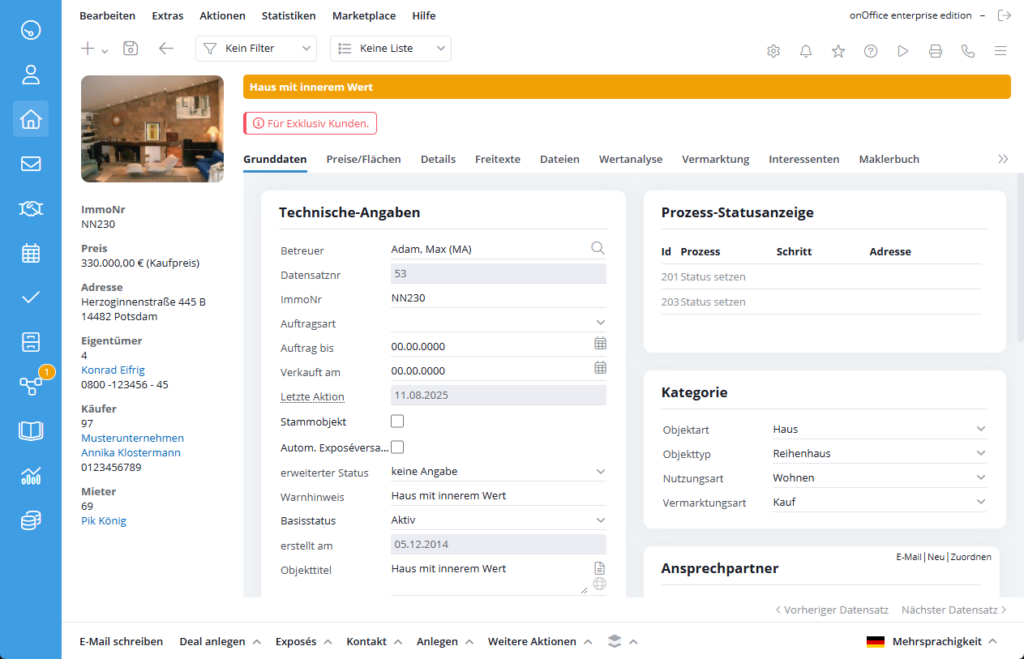 Detailansicht eines Immobiliendatensatzes mit der Infoleiste