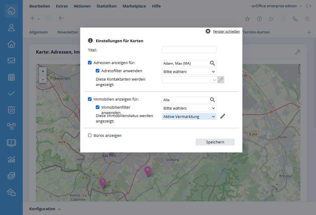 Einstellungen für das Kartenwidget für Adressen und Immobilien