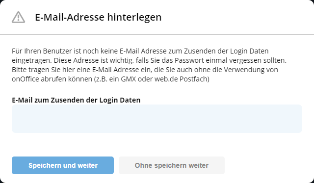 E-Mailadresse zum Zusenden der Logindaten beim Passwort rücksetzten eingeben.