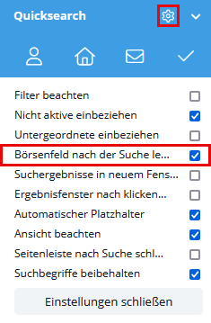 MLS-Börsenfeld leeren über die Einstellungen Quicksearch