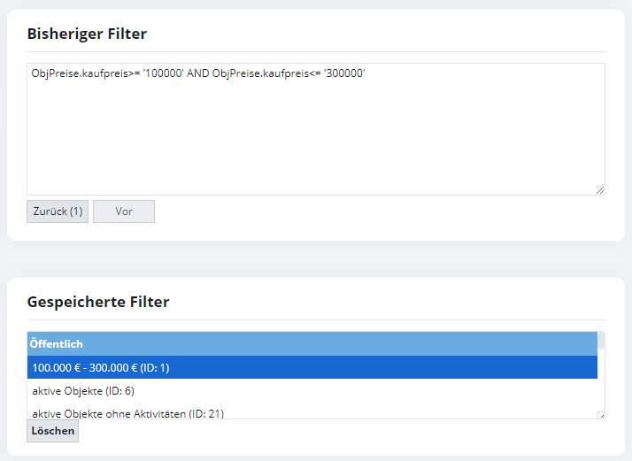 Filterkriterien eines gespeicherten Filters
