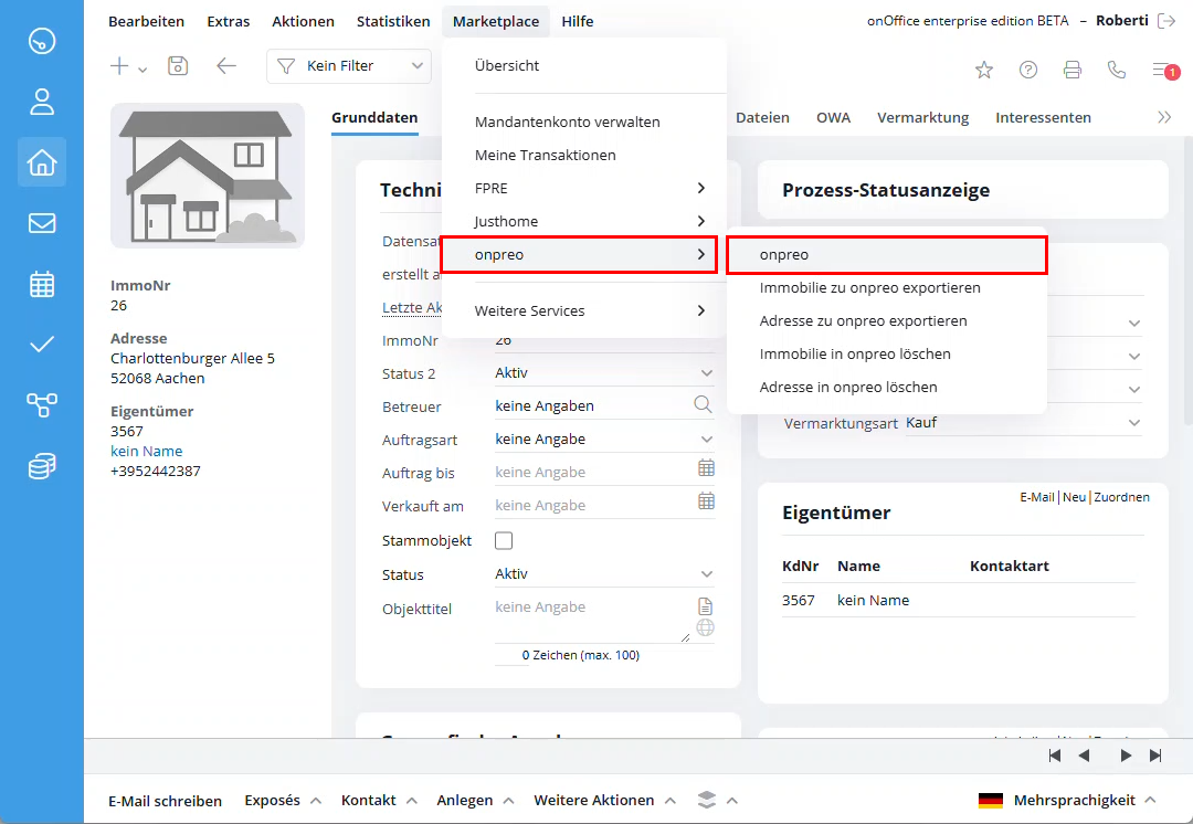 Marketplace - onpreo aufrufen