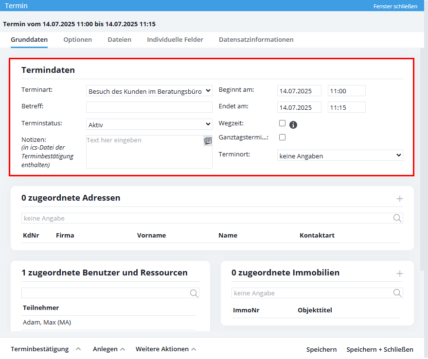 Terminverwaltung - Termin eintragen, Grunddaten