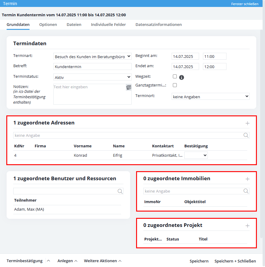 Terminverwaltung - Immobilie, Adresse, Projekt verknüpfen