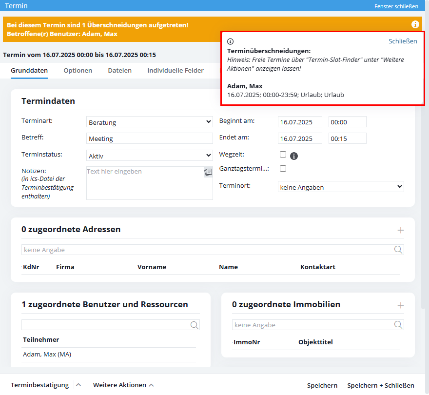 Terminverwaltung - Terminüberschneidung