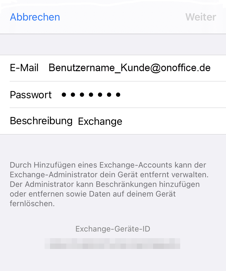 Exchange account, enter password